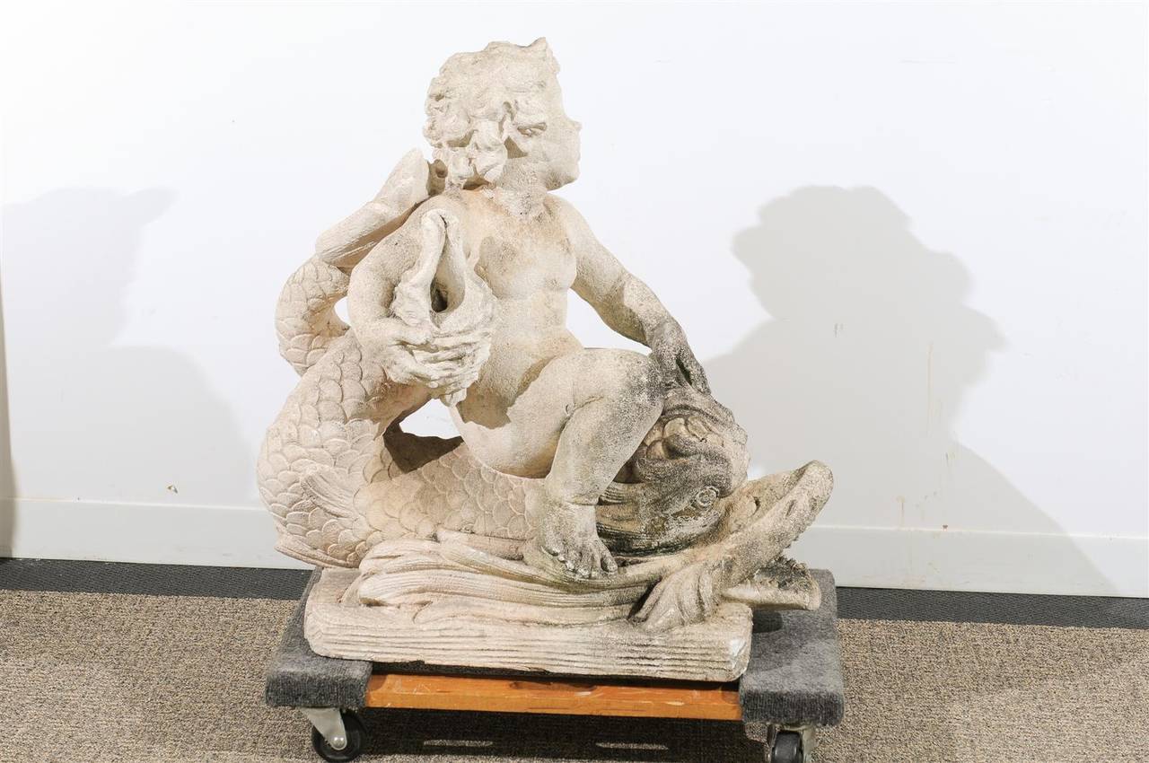 Late 19th Century Fountain in Stone with Dolphin and Cherub