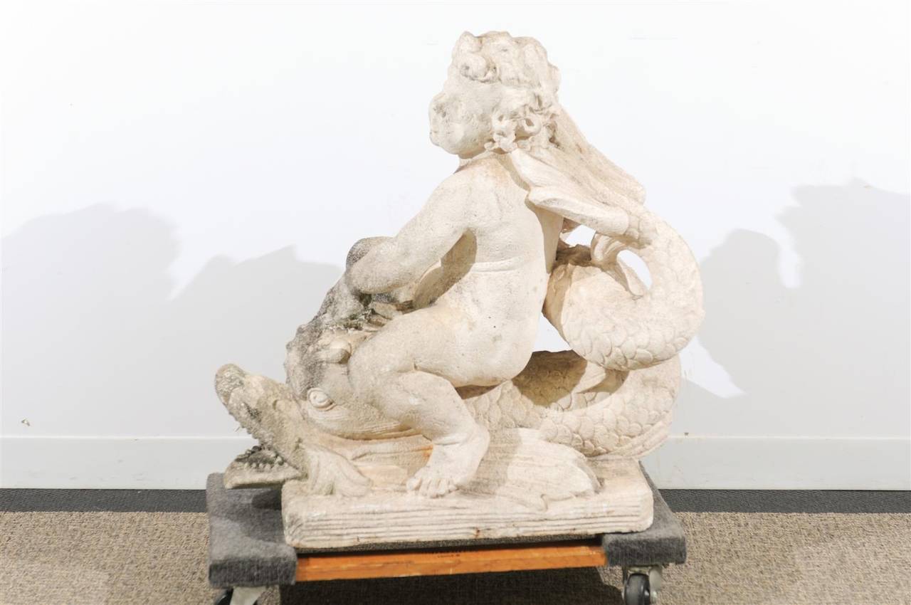 Fountain in Stone with Dolphin and Cherub In Excellent Condition In Atlanta, GA