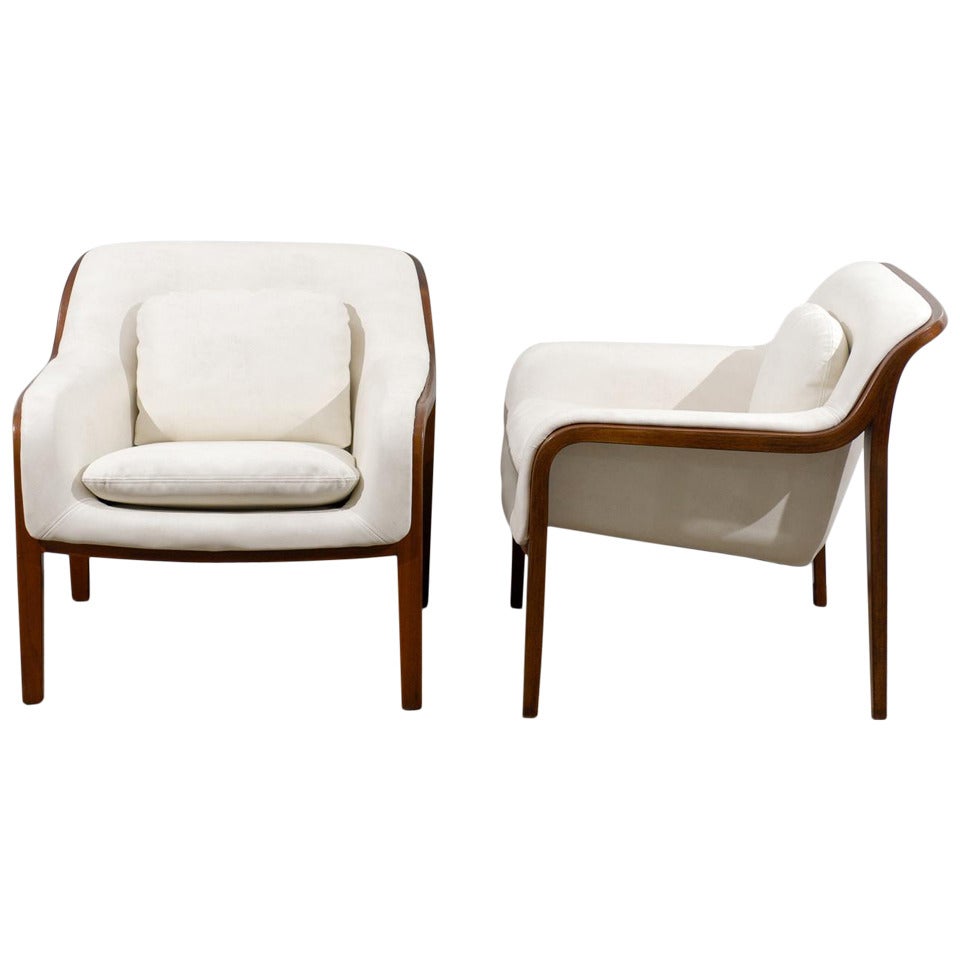 Restored Pair of Bill Stephens Walnut Lounge Chairs in Cream Leather