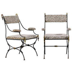 Pair of Directoire Style Armchairs in Iron and Brass