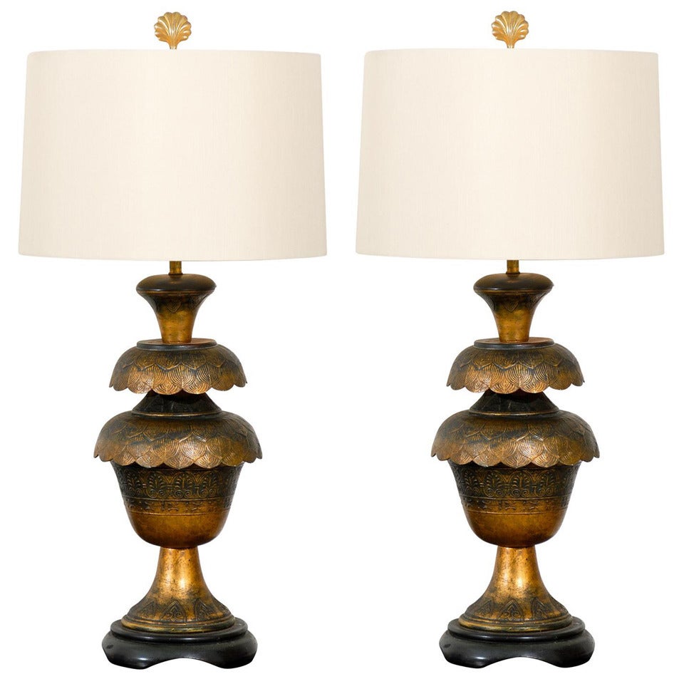 Magnificent Pair of Monumental Brass Lotus Lamps