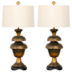 Magnificent Pair of Monumental Brass Lotus Lamps