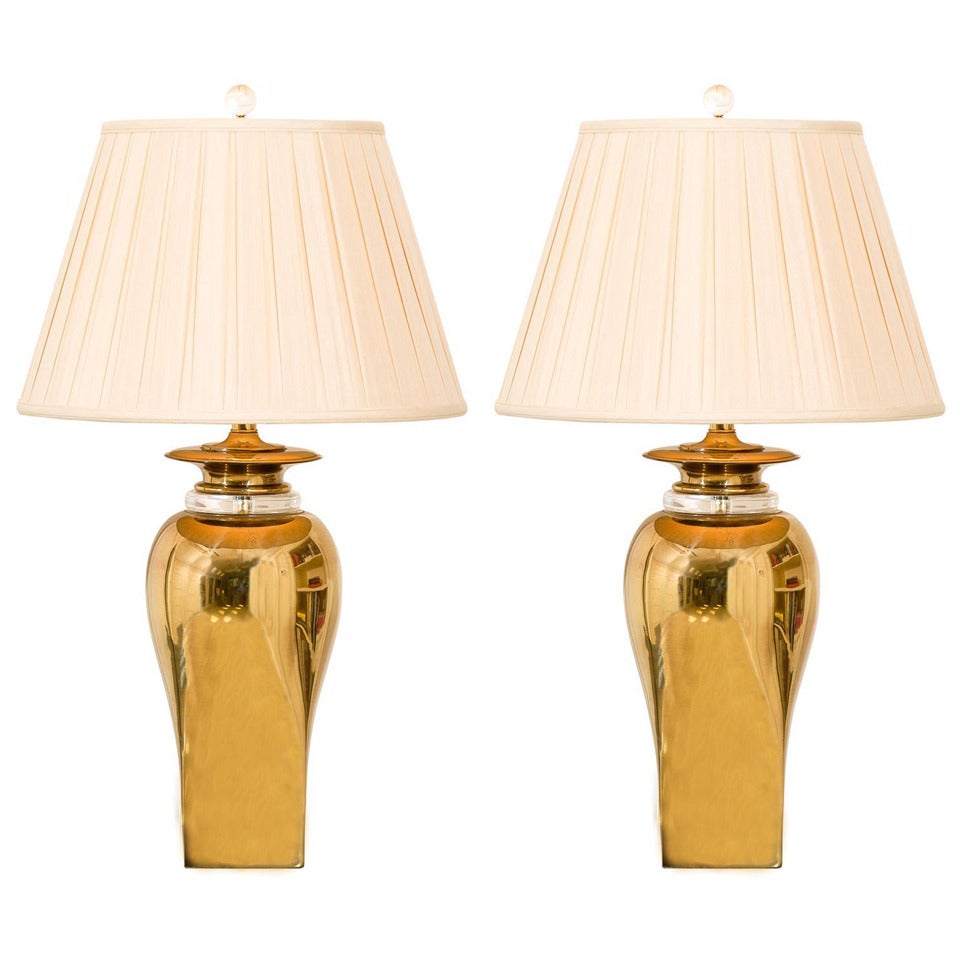 Wunderschönes Paar moderner Ingwerglas-Lampen aus Messing im Angebot