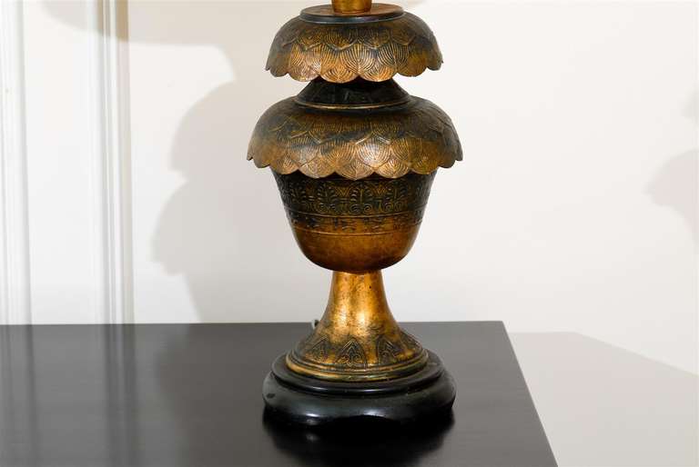 Mid-20th Century Magnificent Pair of Monumental Brass Lotus Lamps