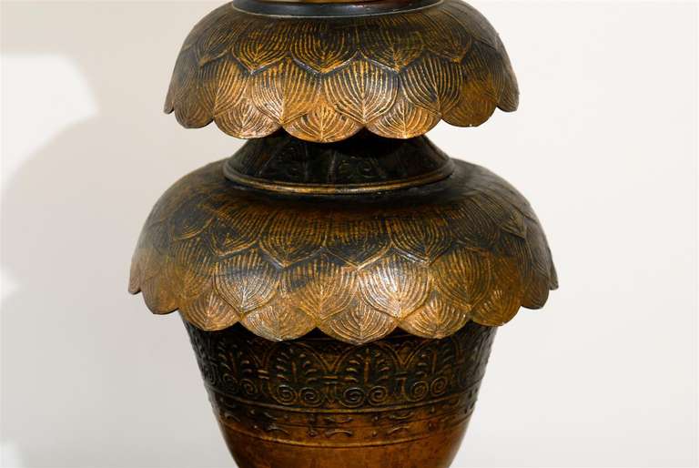 Unknown Magnificent Pair of Monumental Brass Lotus Lamps