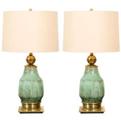 Vintage Sensational Pair of Turquoise Ceramic and Brass Lamps by Stiffel