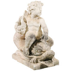 Antique Fountain in Stone with Dolphin and Cherub