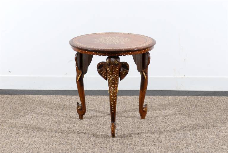 Anglo Indian elephant base side table with bone inlay