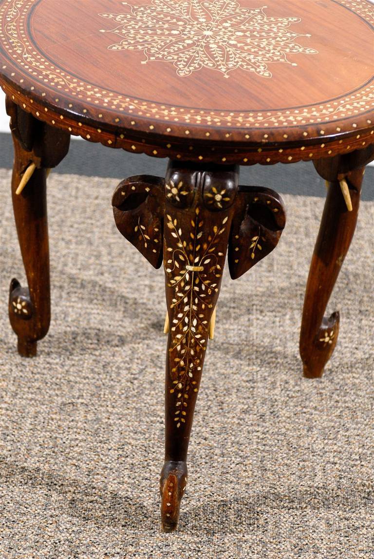 Teak Anglo-Indian Elephant Base Side Table with Bone Inlay