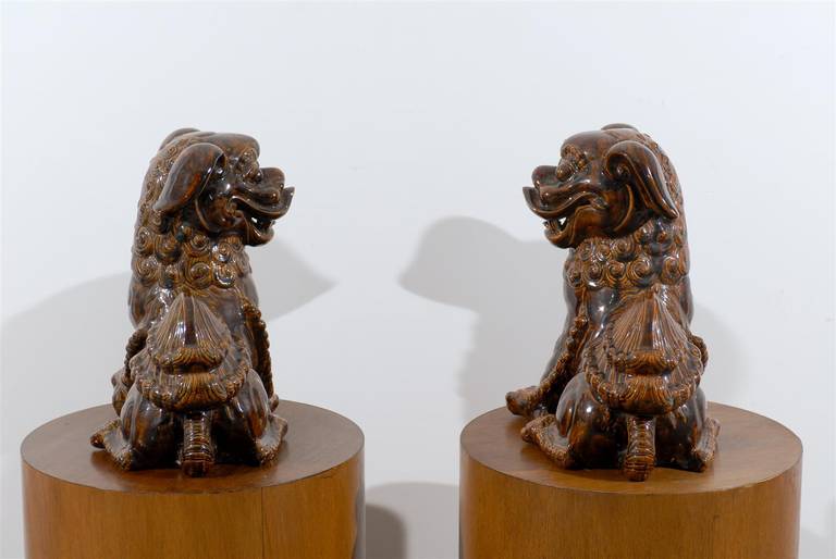 Porcelain Pair of Brown Glazed Chinese Foo Dog Sculptures