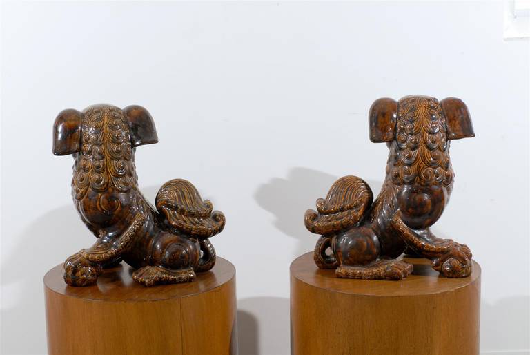 20th Century Pair of Brown Glazed Chinese Foo Dog Sculptures