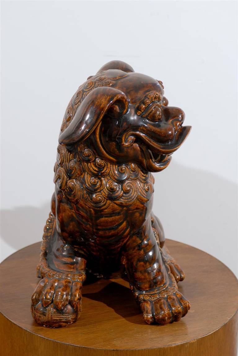 Pair of Brown Glazed Chinese Foo Dog Sculptures 2