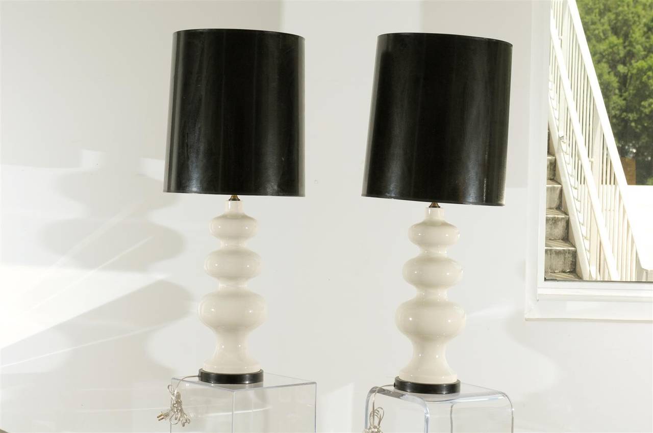Porcelain Pair of 1970`s Italian Lamps With Original Black Paper Shades