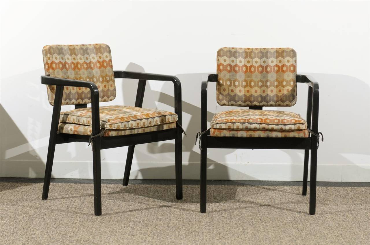 Beautiful set of black painted armchairs upholstered in vintage fabric
by George Nelson.