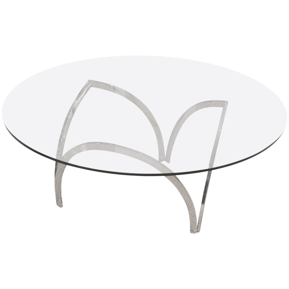 Handsome Chrome and Glass Coffee Table in the Style of Roger Sprunger For Sale