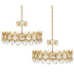 Pair of Beautiful Gold Plated Brass and Glass Chandeliers Lamps, Palwa 1960