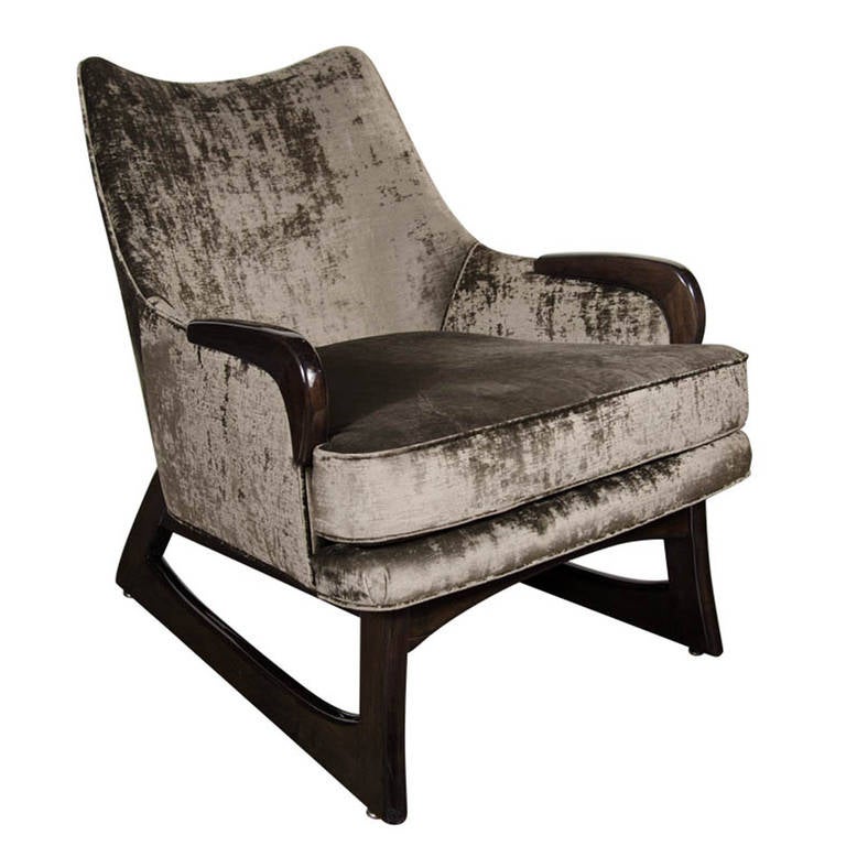 Mid-Century Modernist Sleigh Form Armchair with Ebonized Walnut Legs & Detailing