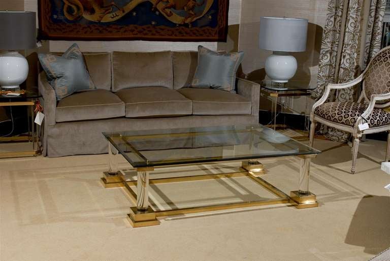 Stunning Modern Neoclassical Brass, Lucite and Glass Coffee Table In Excellent Condition In Atlanta, GA