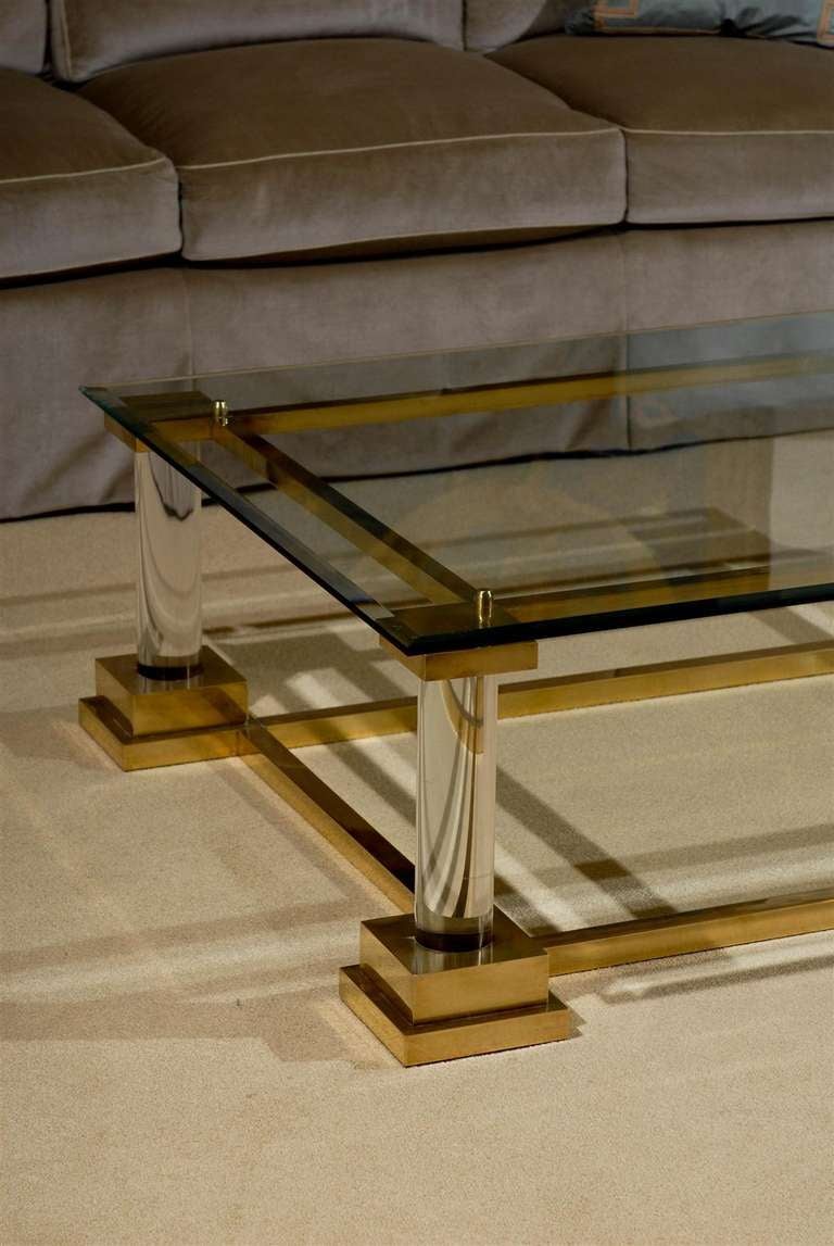 Stunning Modern Neoclassical Brass, Lucite and Glass Coffee Table 1