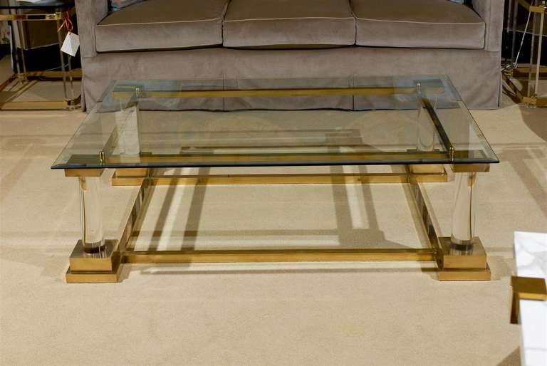 Unknown Stunning Modern Neoclassical Brass, Lucite and Glass Coffee Table