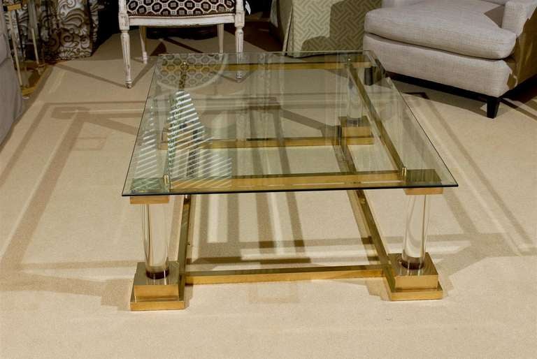 Late 20th Century Stunning Modern Neoclassical Brass, Lucite and Glass Coffee Table