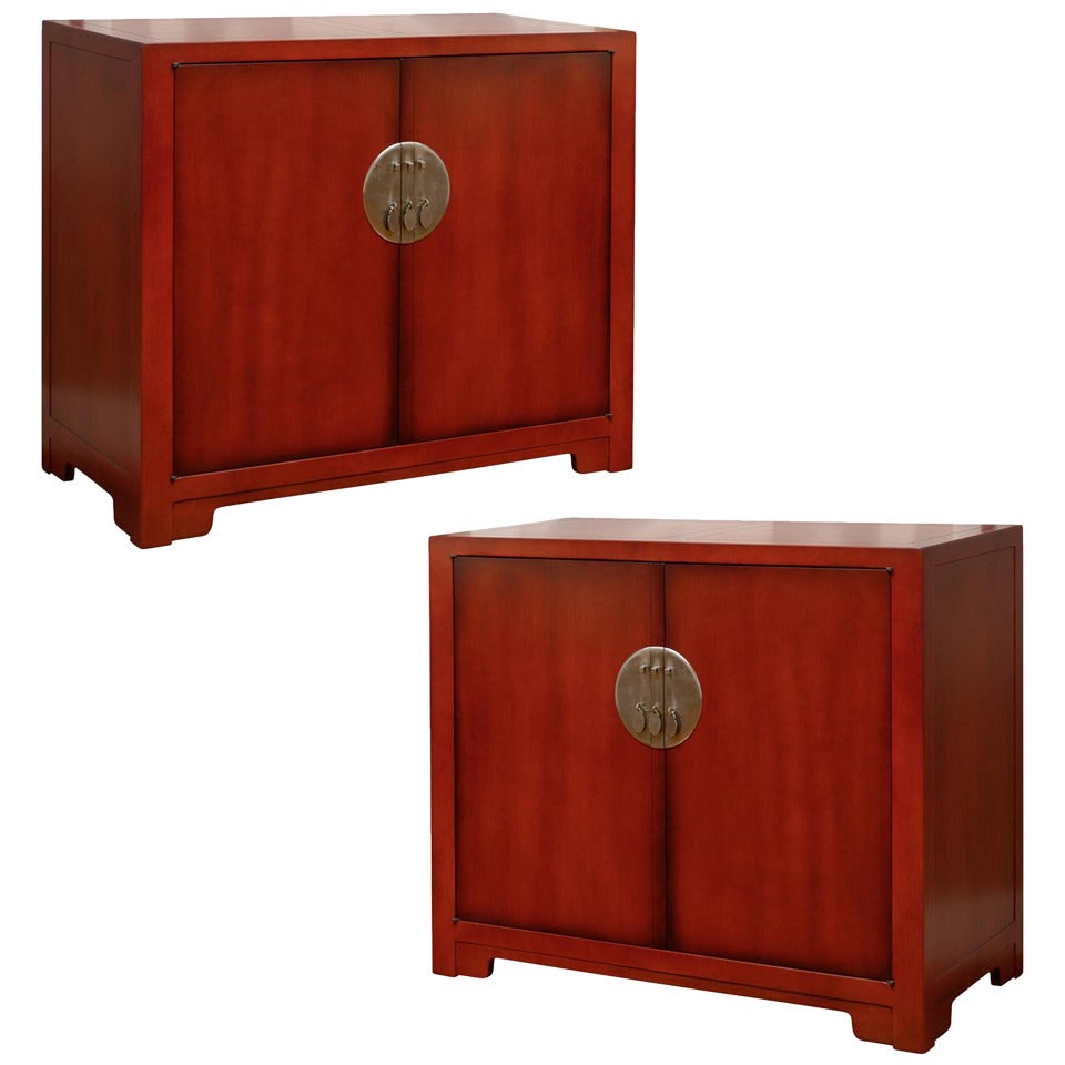 Stunning Pair of Red Lacquer Commodes by Michael Taylor for Baker, circa 1960 For Sale