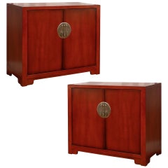 Stunning Pair of Red Lacquer Commodes by Michael Taylor for Baker, circa 1960