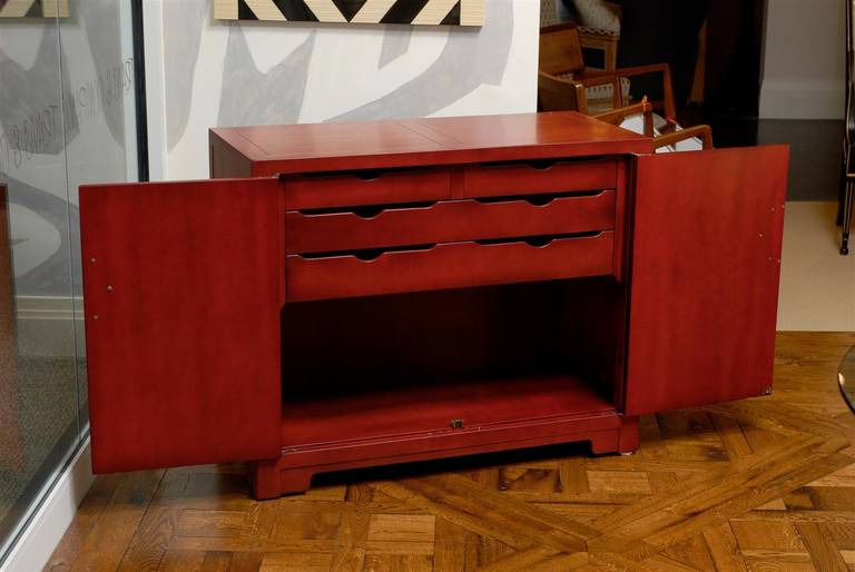 Stunning Pair of Red Lacquer Commodes by Michael Taylor for Baker, circa 1960 For Sale 1