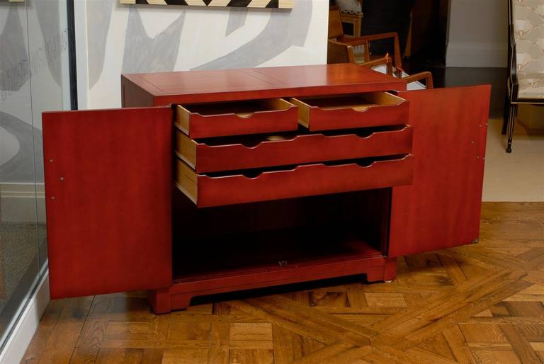 Stunning Pair of Red Lacquer Commodes by Michael Taylor for Baker, circa 1960 For Sale 2