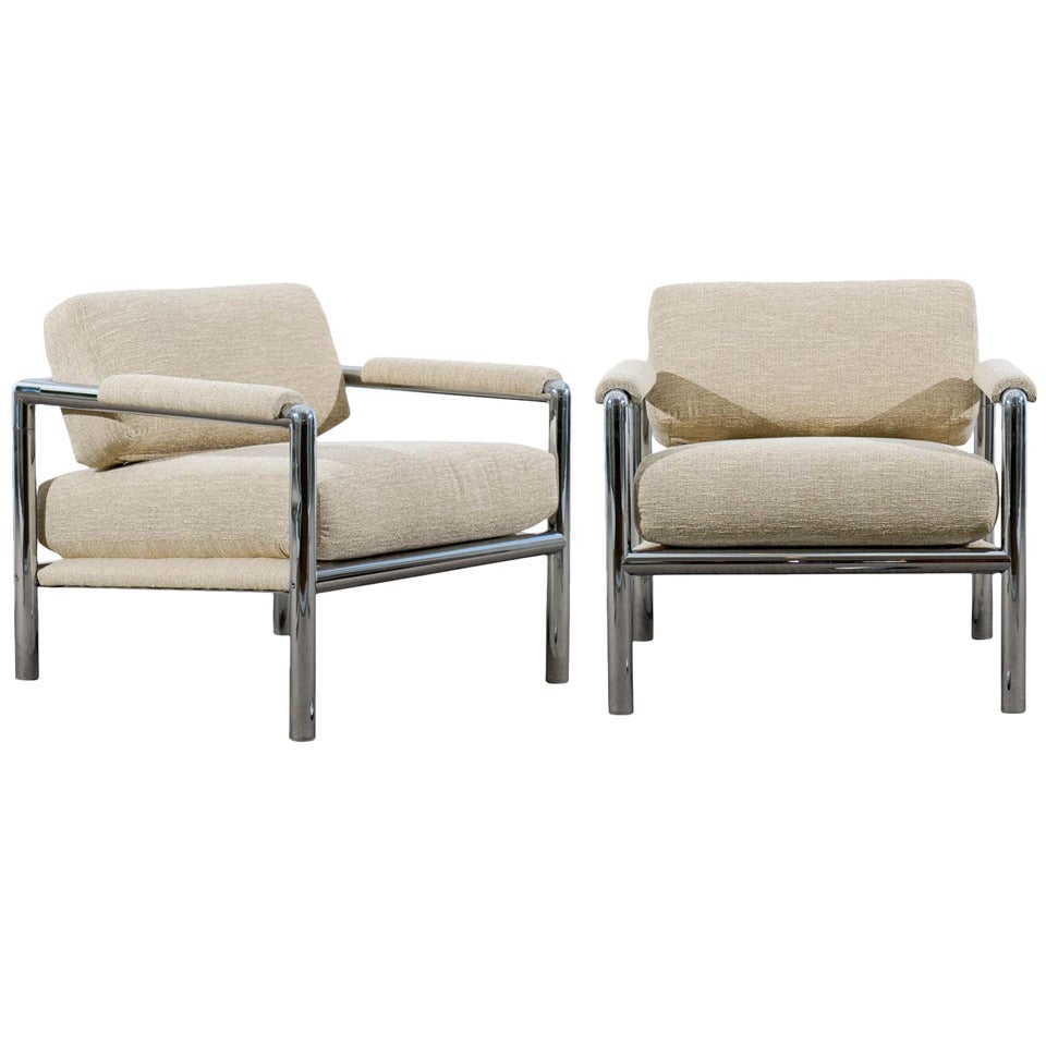 Stunning Pair of Tubular Chrome Lounge/Club Chairs in Raw Silk