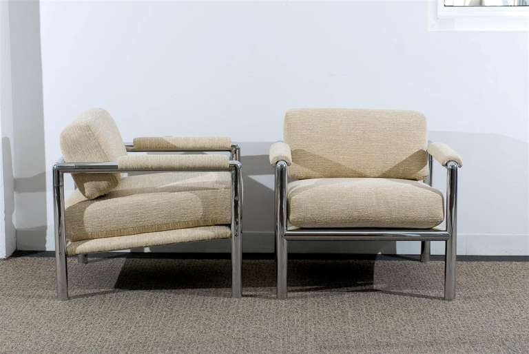 Stunning Pair of Tubular Chrome Lounge/Club Chairs in Raw Silk 1