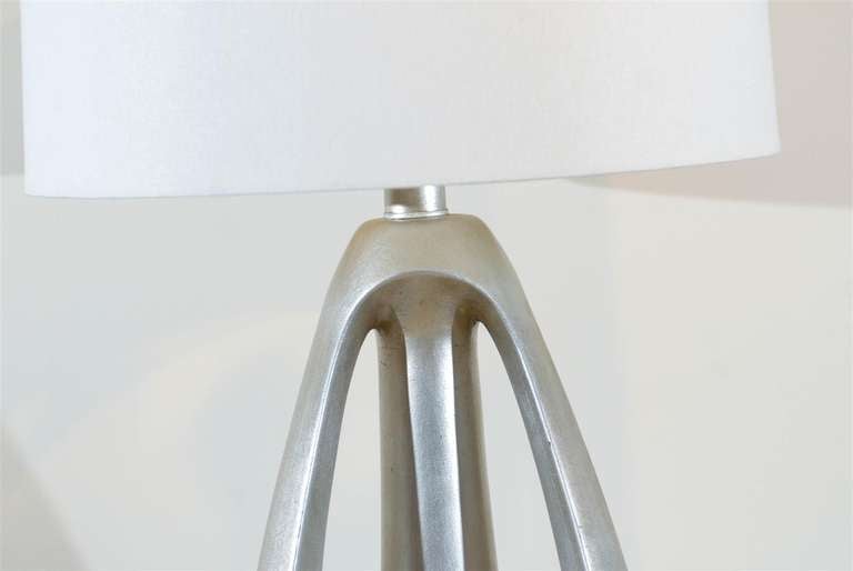 Ceramic Unusual Pair of Modern Lamps in Silver Leaf For Sale