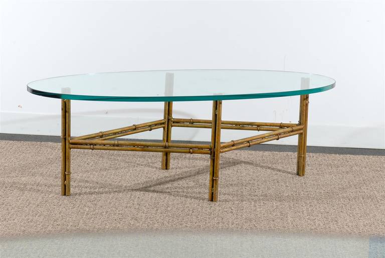 Hollywood Regency Oval Glass Coffee Table with Gilded Iron Bamboo Base