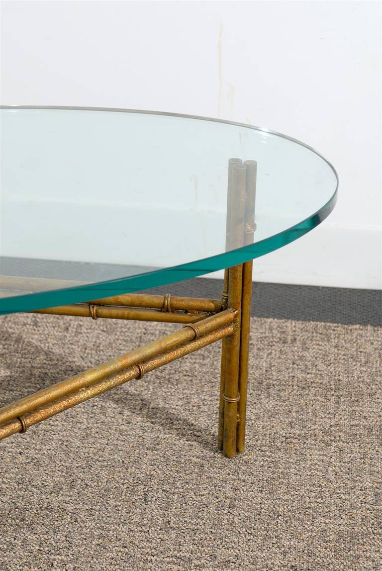 Oval Glass Coffee Table with Gilded Iron Bamboo Base 1