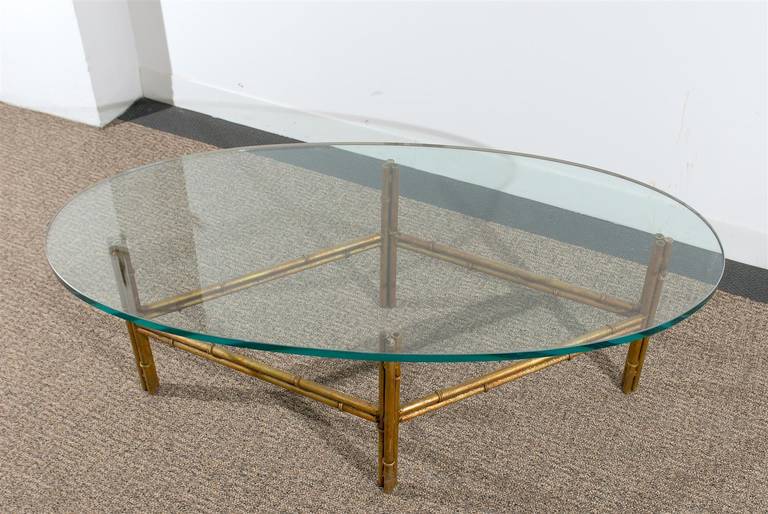 Oval Glass Coffee Table with Gilded Iron Bamboo Base 3