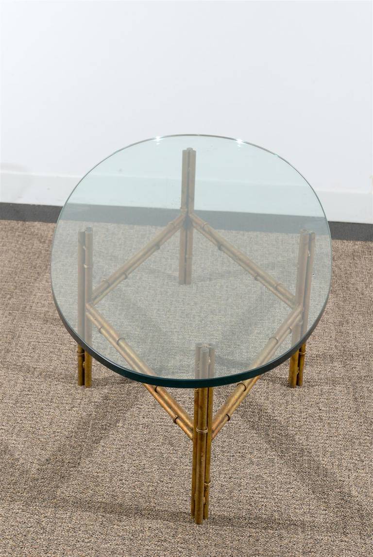 20th Century Oval Glass Coffee Table with Gilded Iron Bamboo Base