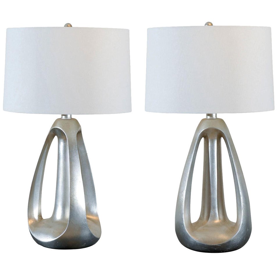Unusual Pair of Modern Lamps in Silver Leaf For Sale