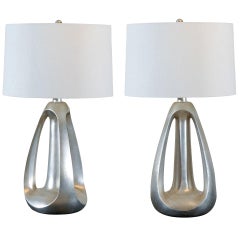 Vintage Unusual Pair of Modern Lamps in Silver Leaf