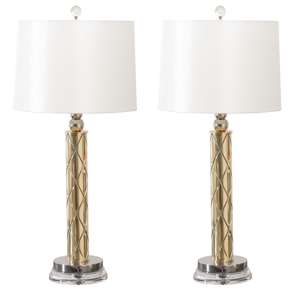 Restored Pair of Modern Etched Lamps in Brass and Nickel