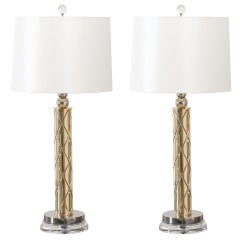 Restored Pair of Modern Etched Lamps in Brass and Nickel