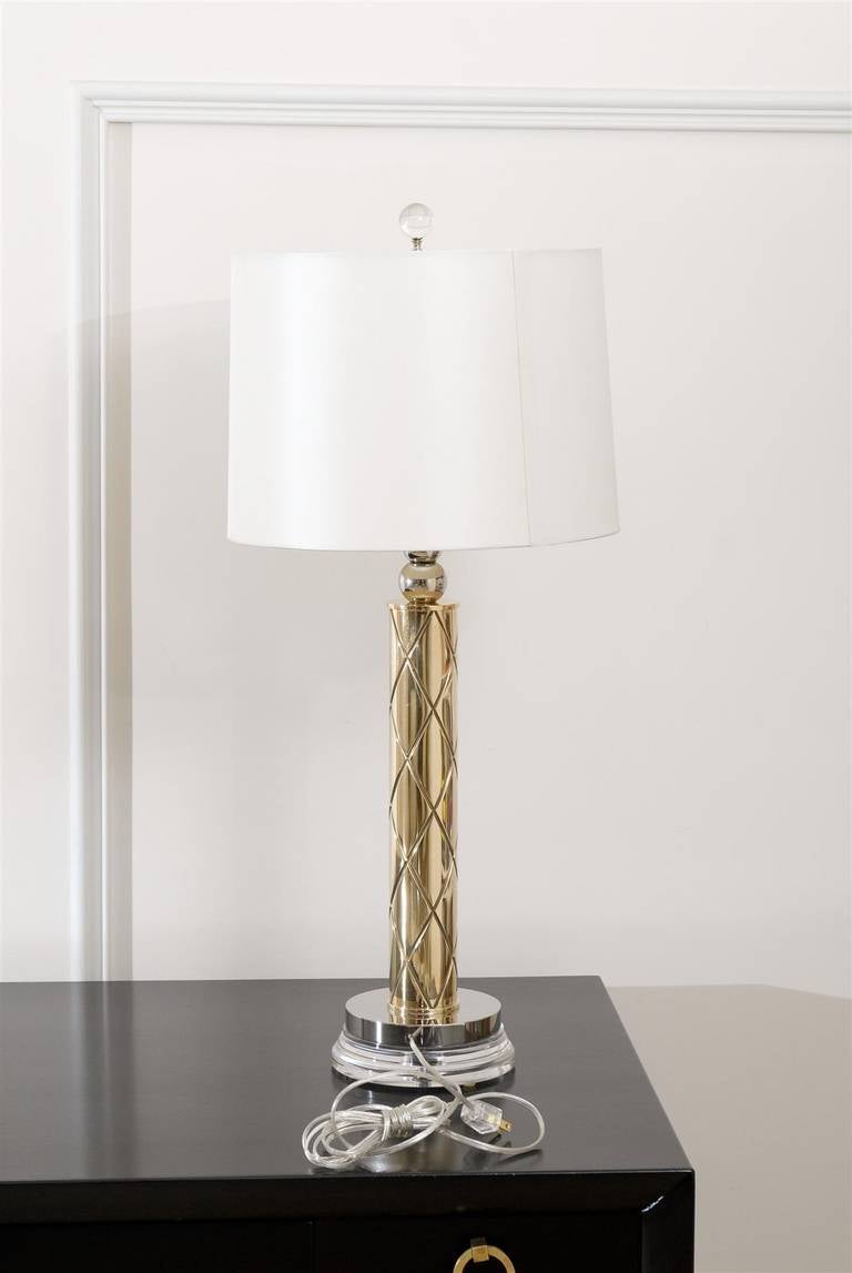 Restored Pair of Modern Etched Lamps in Brass and Nickel In Excellent Condition For Sale In Atlanta, GA