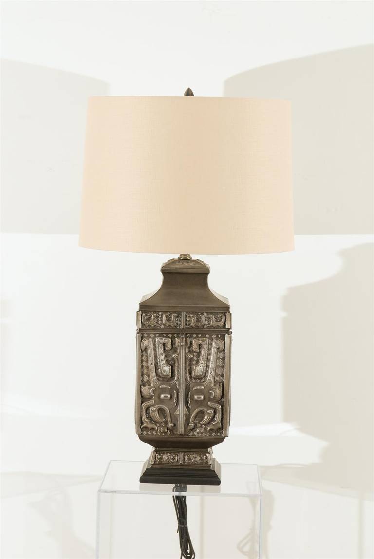 Spectacular Pair of Cast Asian Urn Lamps in Pewter For Sale 3