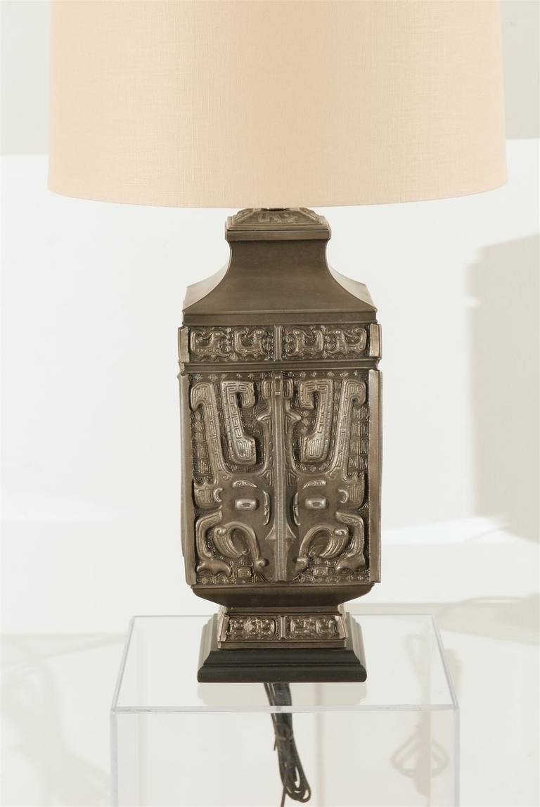 Spectacular Pair of Cast Asian Urn Lamps in Pewter For Sale 1