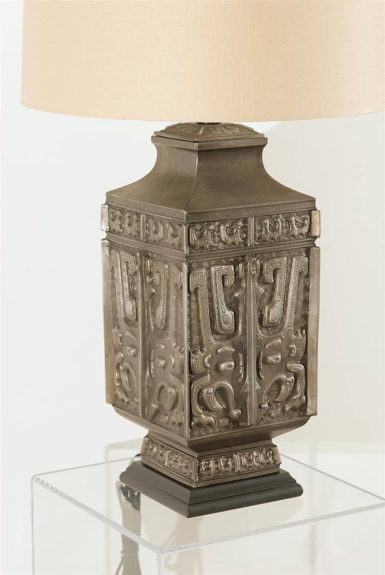 Metal Spectacular Pair of Cast Asian Urn Lamps in Pewter For Sale