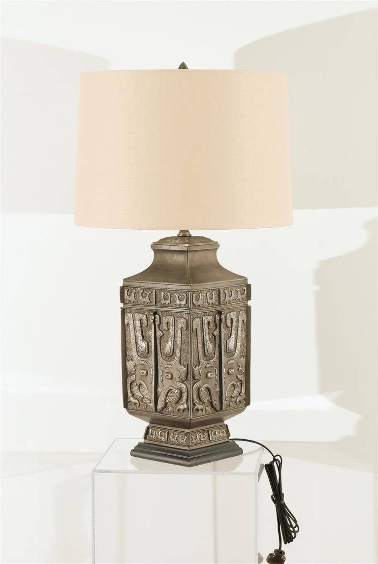 Spectacular Pair of Cast Asian Urn Lamps in Pewter For Sale 2