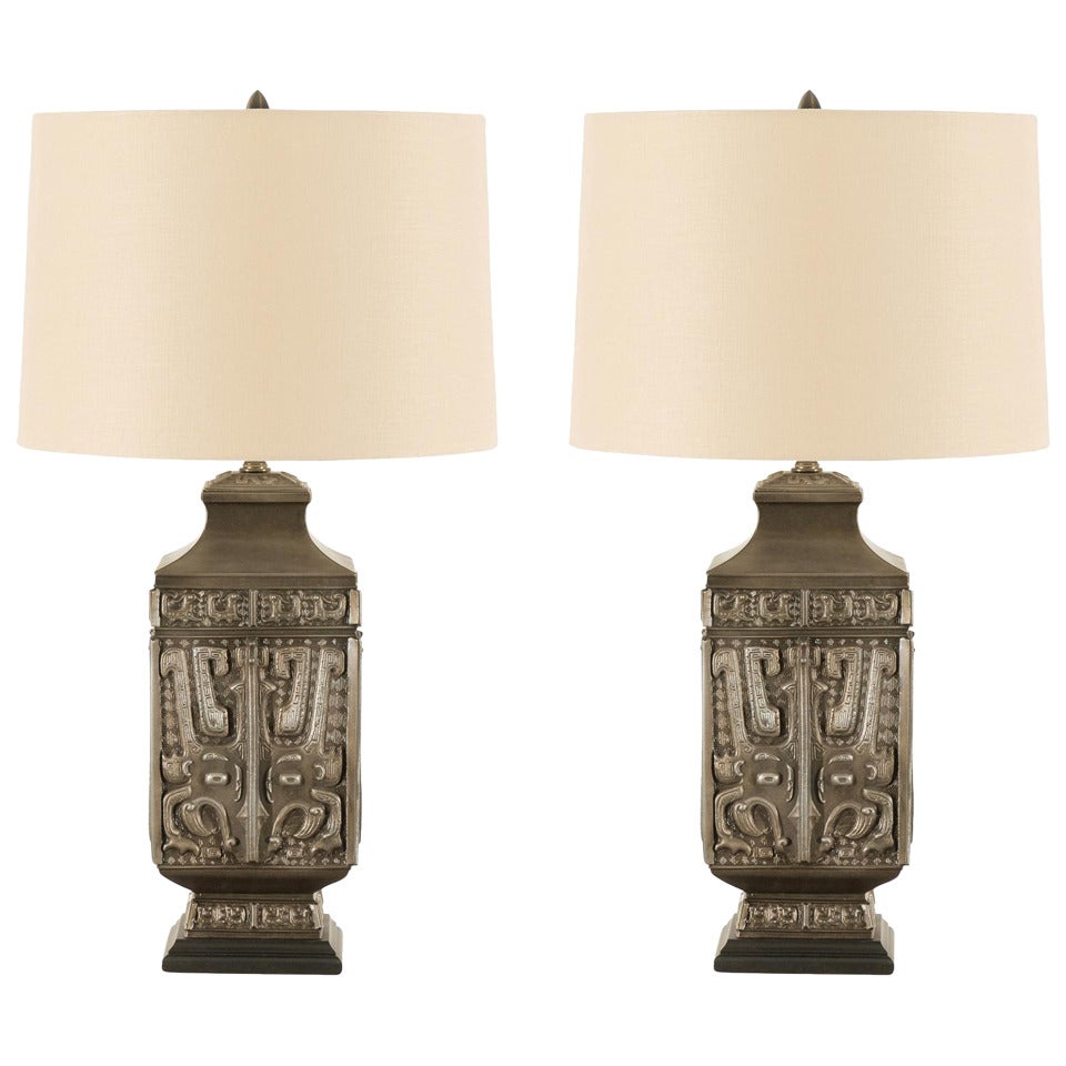Spectacular Pair of Cast Asian Urn Lamps in Pewter For Sale