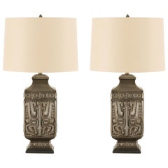 Spectacular Pair of Cast Asian Urn Lamps in Pewter
