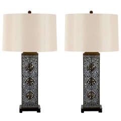 Stellar Pair of Monumental Ajoure Pewter and Brass Lamps 2
