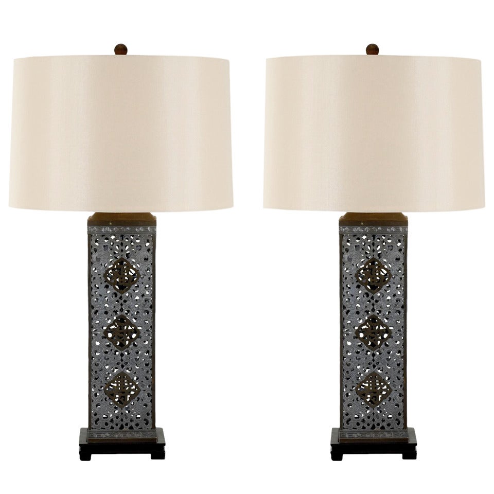 Stellar Pair of Restored Monumental Ajoure Pewter and Brass Lamps, circa 1940