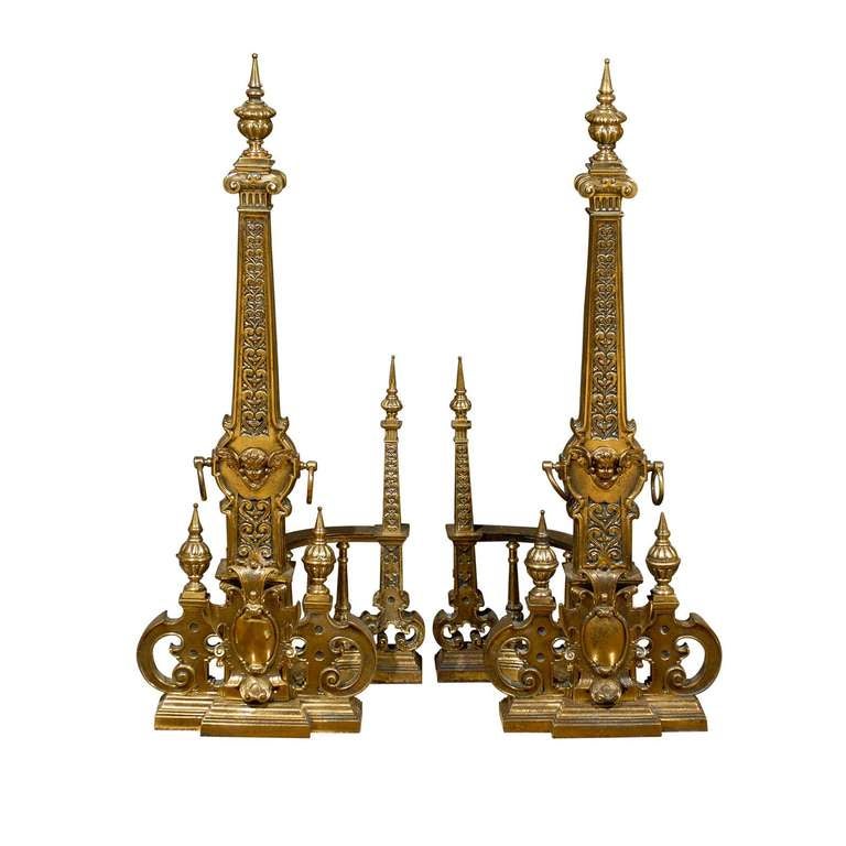 Unknown Exquisite Pair of Monumental Andirons in Bronze For Sale